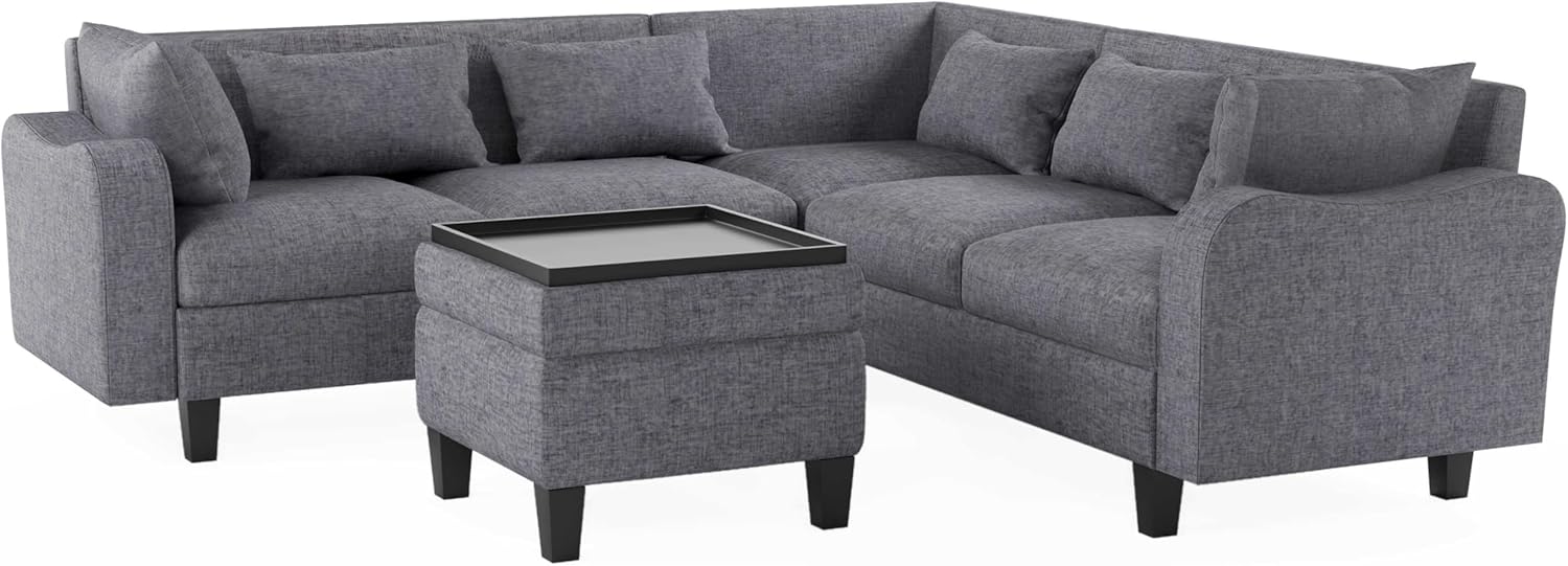 87-Inch Modern Sectional Sofa Set with Storage Ottoman & Coffee Table - 6-Seater Living Room Furniture, Ergonomic Design, Durable Wood Frame, Comfortable & Stylish Couches for Afternoon Tea