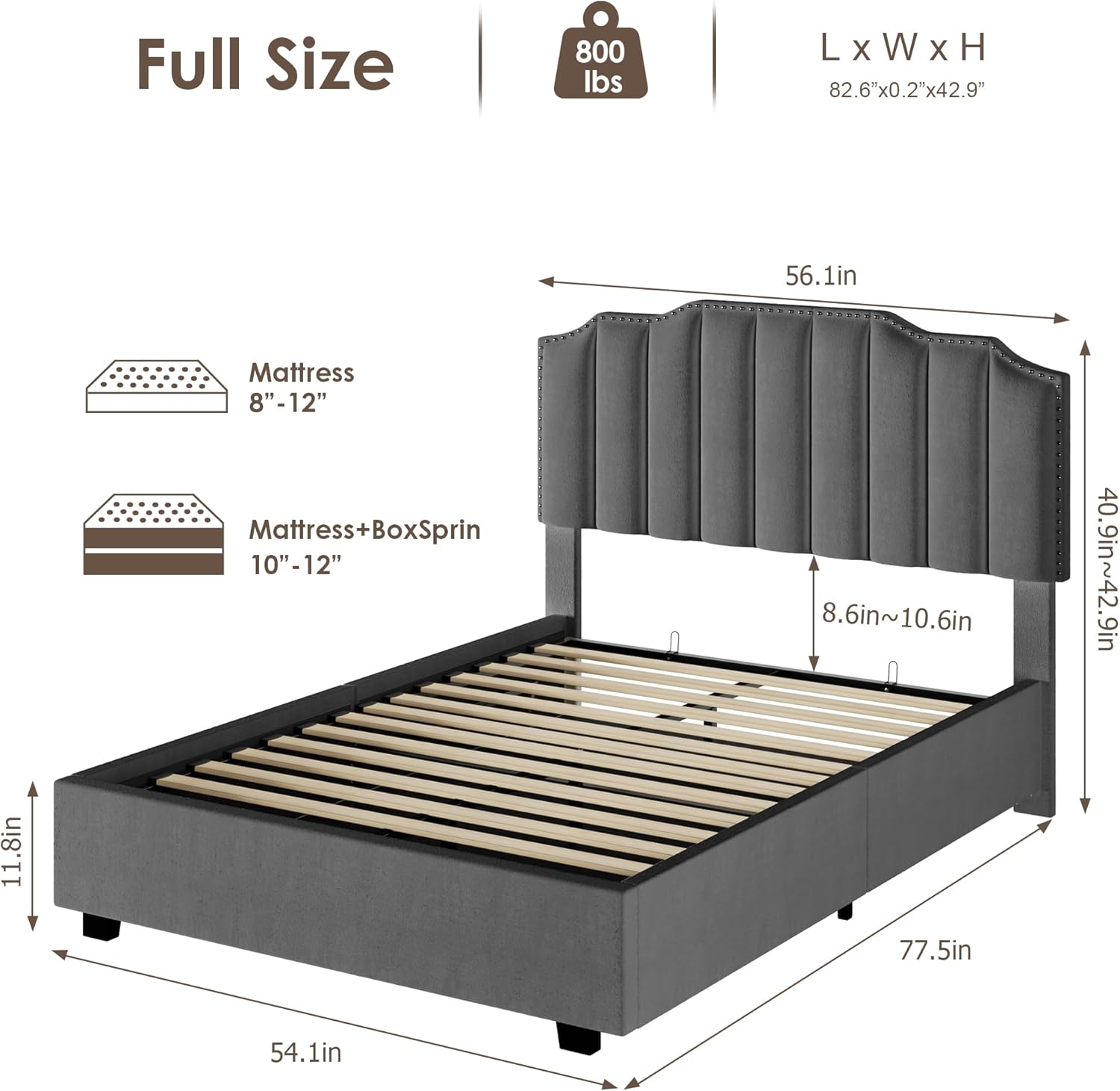 LIFT UP DOUBLE SIZE BED GRAY VELVET