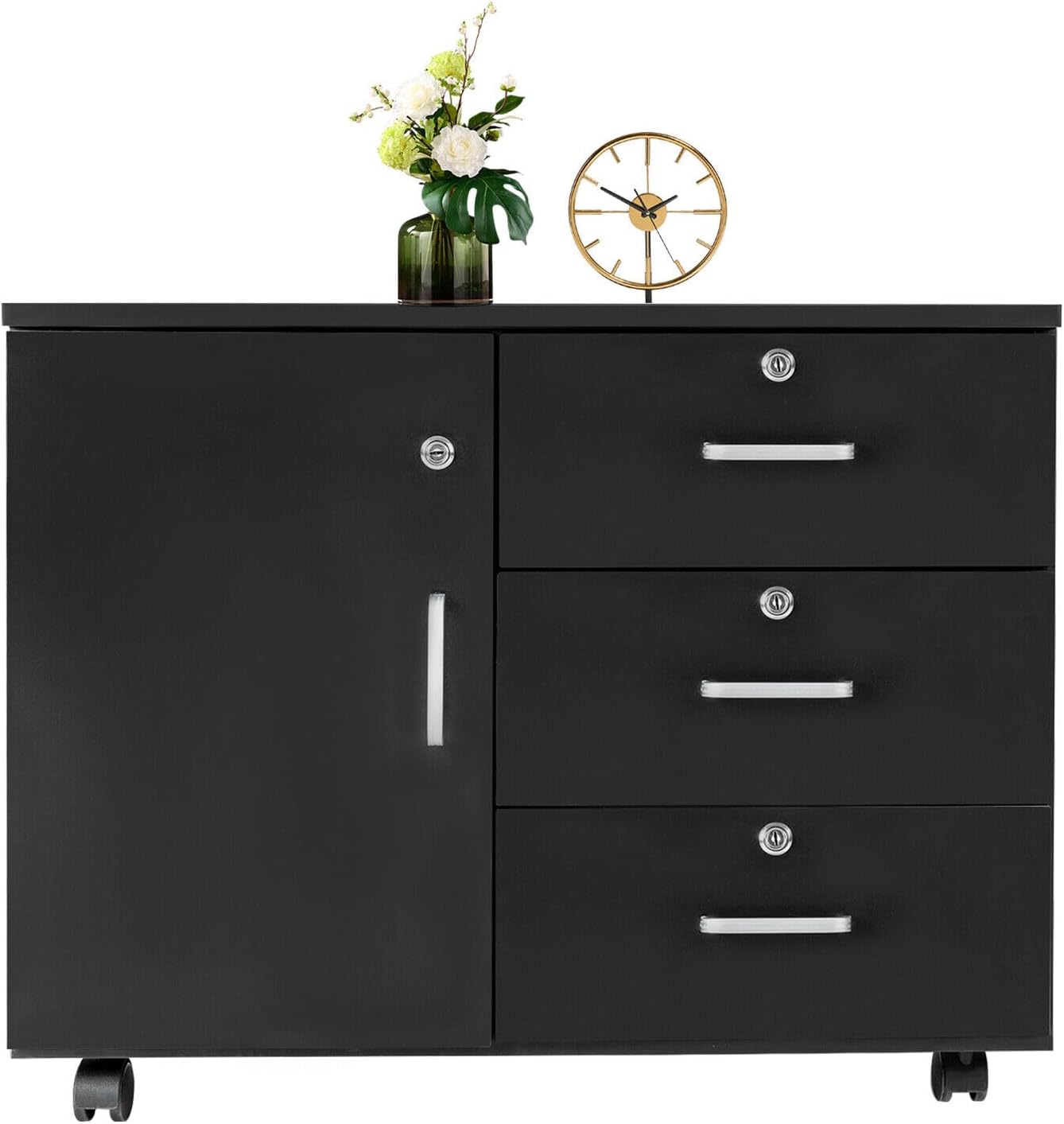 Mobile File Cabinet,3-Drawer Wood File Cabinet,Mobile Lateral Filing Cabinet,Printer Stand with Open Storage Shelves for Home Office, Black