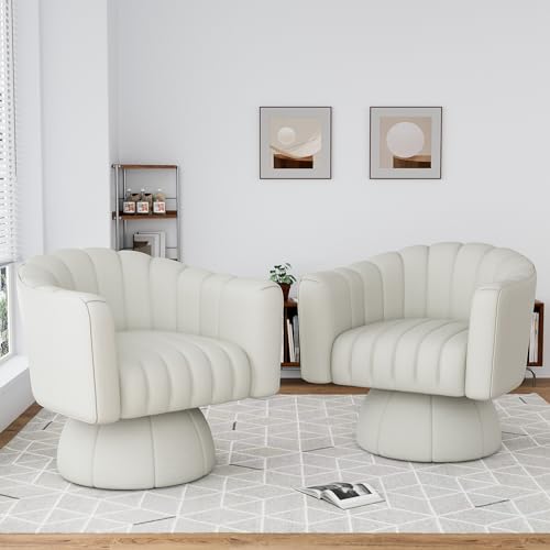 Swivel Barrel Accent Chair Set of 2, Modern Comfy Leather Armchair, 360 Degree Upholstered Round Reading Lounge Chair for Vanity Bedroom, Living Room, Office, Charcoal Black Leather