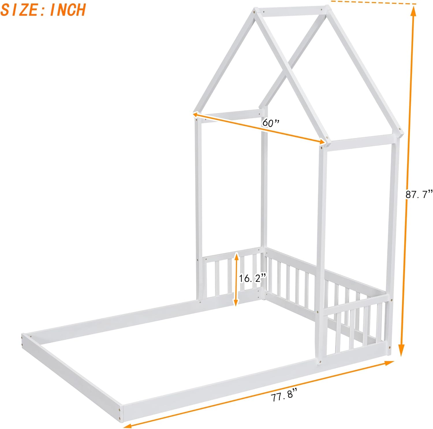 Full Size Roof-Framed Headboard Floor Bed-frame with Guardrails,Bedroom Wood Platform Bed w/Fenced Design,without Slats, for Teens Boys Girls,White