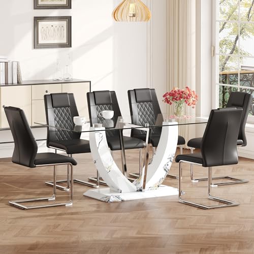 71”Glass Dining Table Set for 6,7 Pcs Kitchen Table Set with 6 Chairs,Rectangular Glass Top Dining Table with 0.39-inch Tempered Glass Tabletop for Dining Room,Kitchen (Grey T, White C)