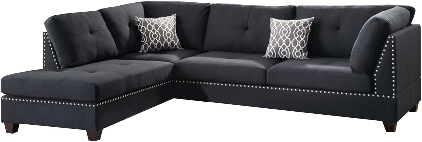 Benjara Benzara Polyfiber Sectional Sofa with Ottoman and Pillows, Black