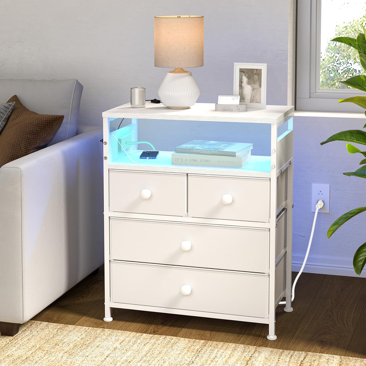 REAHOME Nightstand with Charging Station, Bedside Table with 4 Drawers and 2-Tier Shelf Nightstands Set of 2 with Charging Station and Drawer,