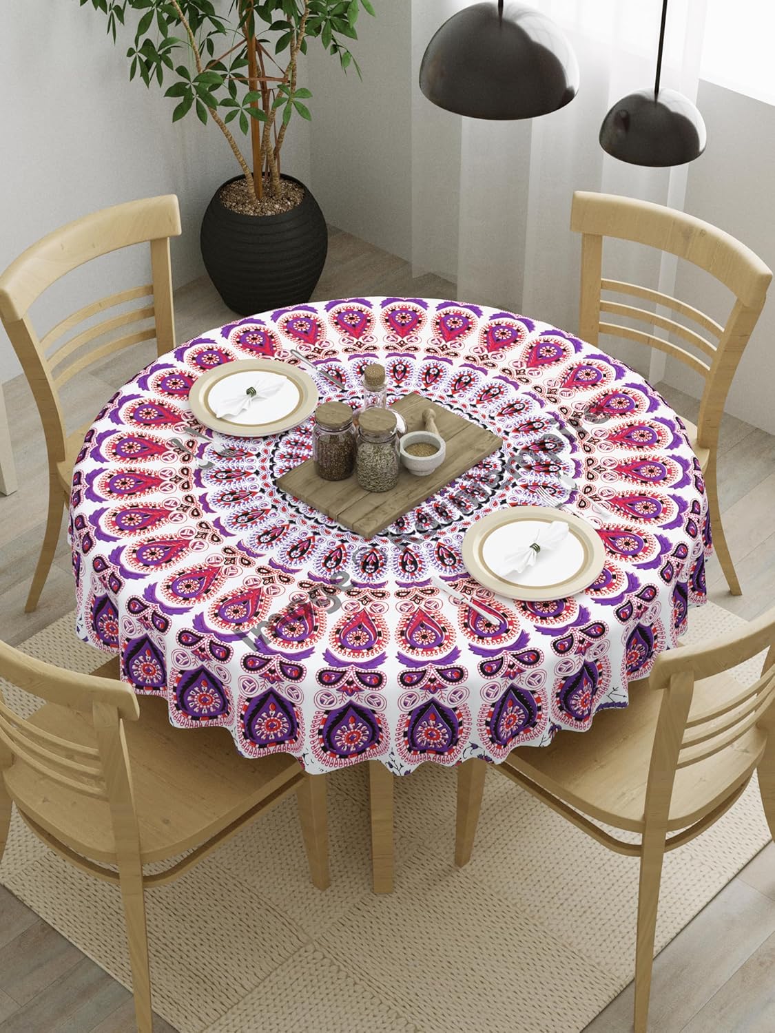 Indian Mandala Round Tablecloth 50 Inch Purple Bohemian Table Cover Cotton Throw Tabletop for Picnic Party Dining Room Home Decor Restaurantt Picnic Indoor Outdoor Dining