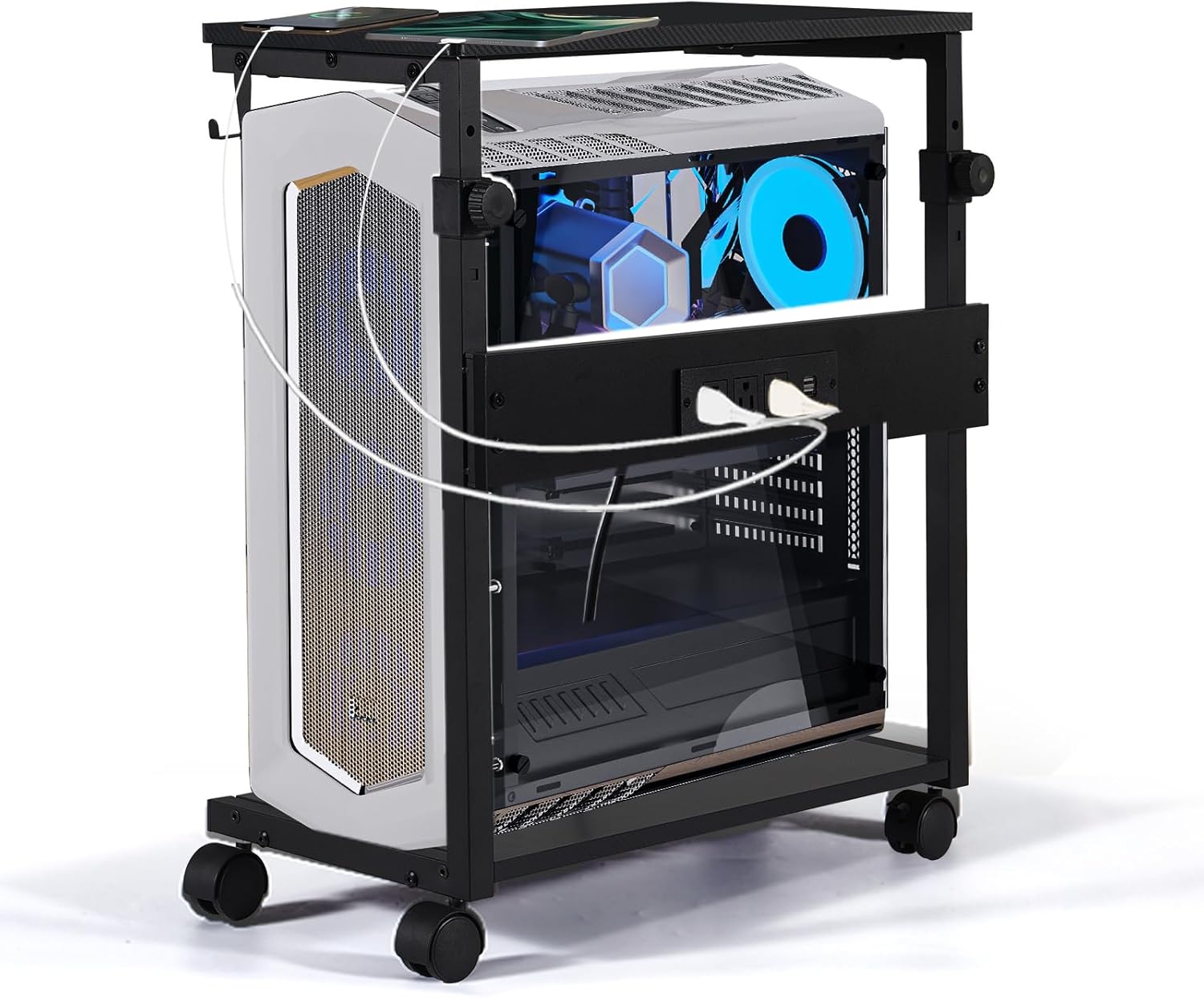 Computer Tower Stand with Charge Station,Height Adjustable 2-Tier ATX-Case,Mobile CPU Holder Cart with 2 AC Outlets & USB Port,Under Desk PC Laptop Home Office Gaming Accessories w/Rolling Wheels