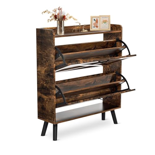 Shoe Storage Cabinet with 2 Flip Drawers, Farmhouse Slim Shoe Cabinet, Freestanding Organizer with Metal Legs for Entryway, Narrow Shoe Rack Cabinet, Rustic Brown