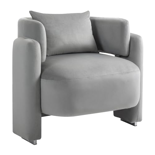 Modern Accent Chair for Living Room, Comfy Wide Single Armchair with Pillows, Wooden Frame Barrel Chairs, Velvet Reading Chair for Bedroom, Office (Grey)