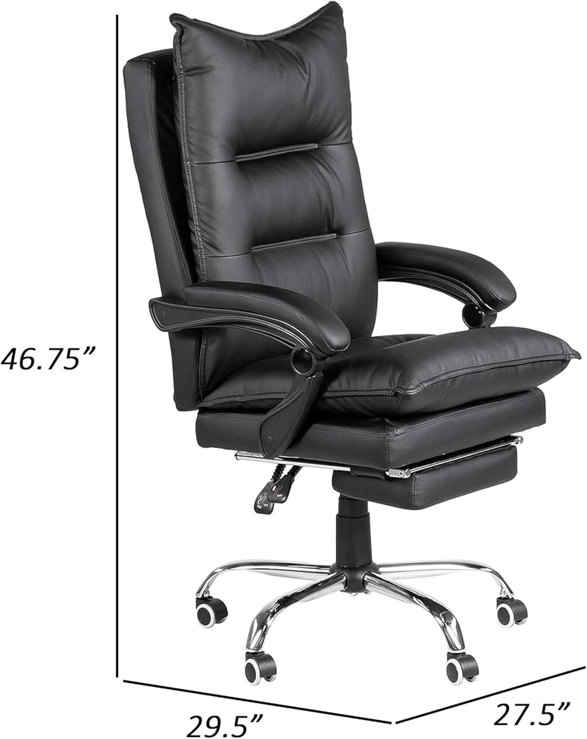 Benjara Elin 46 Inch Office Chair Recliner, Footrest, Faux Leather, Wheels, Black and Chrome