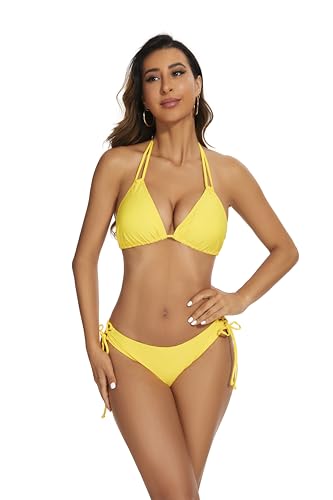 Women's Two Piece Bikini Sets String Halter Triangle Top with Side Tie Bottom Bathing Suits