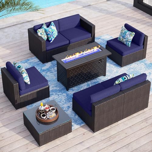 Sophia & William 8 PCS Patio Furniture Set with 45-Inch Fire Pit Table All-Weather Rattan Patio Conversation Set Outdoor Sectional Sofa w/Coffee Table, Propane Fire Pit(Navy Blue)