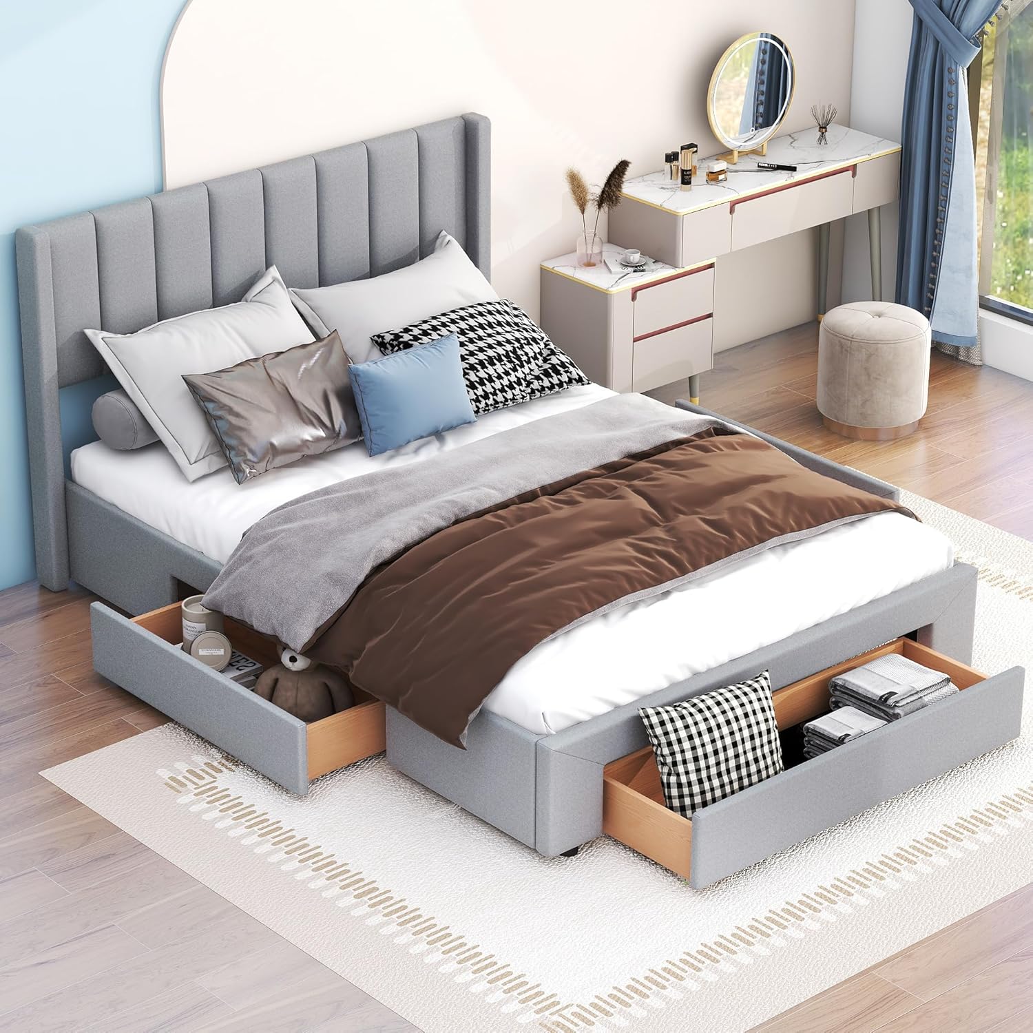 Upholstered Queen Size Platform Bed Frame with 3 Storage Drawers and Headboard, Diamond Stitched Button Tufted, Mattress Foundation with Wooden Slats Support, No Box Spring Needed, Gray
