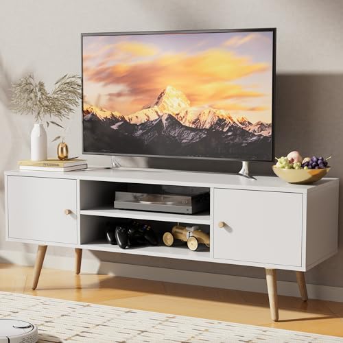 Cozy Castle Modern TV Stand for 55/60 inch TV, Entertainment Center with Adjustable Shelf and Storage Cabinets, TV Media Console for Living Room, Bedroom and Office, White