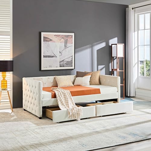 MERITLINE Twin Daybed with 2 Storage Drawers, Velvet Upholstered Twin Size Day Bed Button-Tufted Sofa Bed Frame for Bedroom Living Room Guest Room (Twin, Grey)
