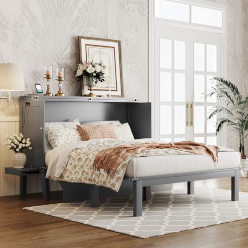 Murphy Bed Queen Size with Rotable Desk, Pine Wood Cube Cabinet Bed for Multipurpose Guest Room, Home Office, Gray