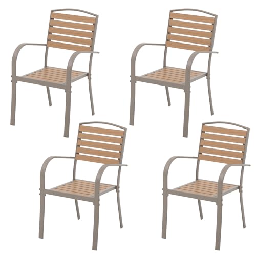 SUNSITT Patio Dining Chairs Set of 4, Aluminum Outdoor Dining Chairs with Faux Wood Slats, All-Weather Stackable Patio Chairs w/Armrests for Lawn, Porch, Garden and Deck, Teak