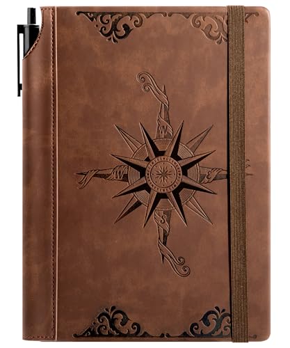 CAGIE Compass Leather Notebook Journal for Men, 100 Gms 288 Pages Lined Journals for Writing, A5 Hardcover Journaling Notebooks Gift Set with Pen for Travel Office Daily Writing