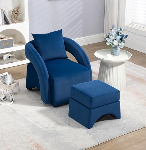Modern Accent Chair with Ottoman,Mid Century Velvet Reclining Upholstered Armchair,Comfy Single Sofa Chair,Lazy Chair Reading Chair Leisure Sofa for Living Room,Bedroom,Reading Room (Navy)