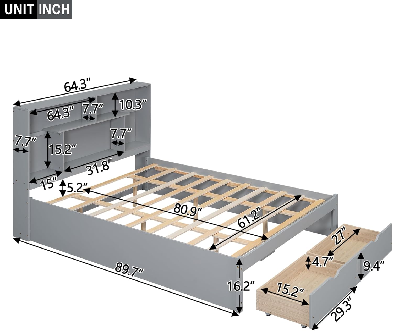 Queen Size Bed Frame, Wooden Platform Bedframe with Bookcase Headboard and 2 Storage Drawers, No Box Spring Needed, Gray