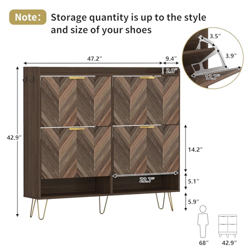Shoe Cabinet for Entryway,Slim Hidden Shoe Storage Cabinet with 2 Flip Hollowed Drawers, Wood Narrow Shoe Organizer Cabinet with Bottom Cubby and Metal Leg for Hallway,Closet