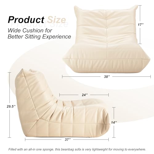 Bean Bag Chair, Giant Bean Bag Sofa, Memory Foam Bean Bag Chairs for Adults, Bean Bag Sofa Sack Faux Leather Fireside Bean Bag for Living Room Bedroom Dorm Office (Khaki)