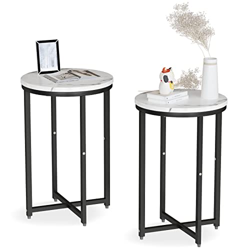 Round Side Table, Faux Marble White End Table, Modern Corner Table w/X-Based Metal Frame, Small Side Table Living Room Bedroom Bedside Tables Nightstand, 15.75D x 24.41H, Gold