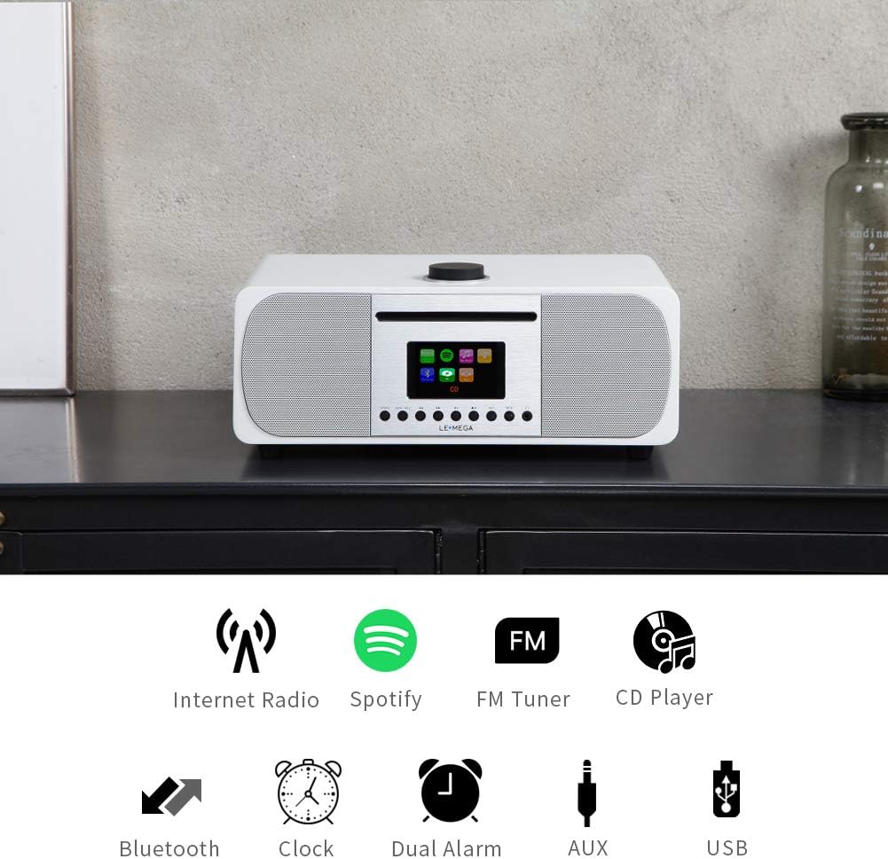 LMEGA M5+ All-in-One Music System CD Player,Internet Radio,FM Radio,WiFi,Spotify Connect,Bluetooth,Wooden Box,USB MP3,Headphone-Out,Clock&Alarms,Colour Display, Remote& app Control –White