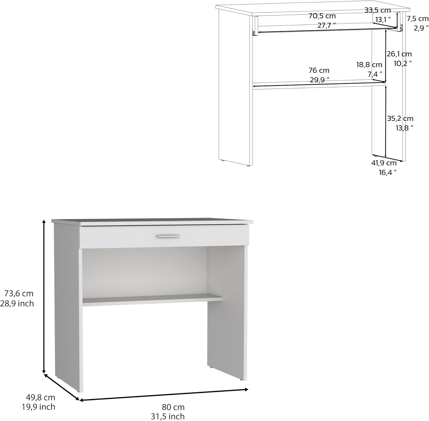 Storage Desk, Spacious Stylish with Drawer and Shelf, White