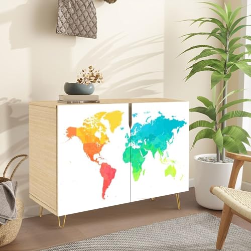 Mid Century Sideboard Buffet Kitchen Storage Cabinet with 2 Doors World map black Flat Gradient Earth map for website pattern annual Cupboard Console Table Bar Cabinet for Dining Room Hallway