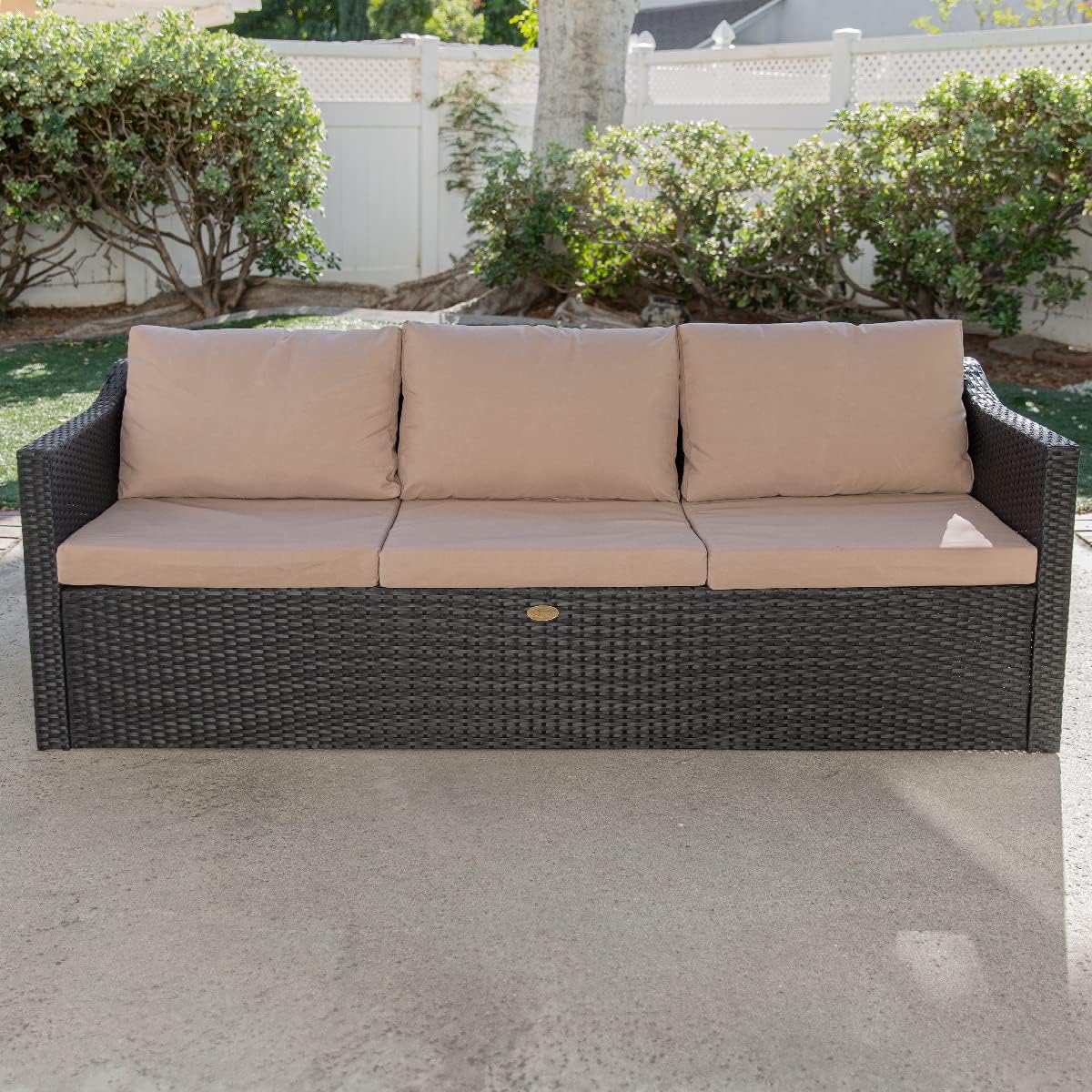 Barton Madison Outdoor Wicker 3-Person Sofa Patio Rattan 3 Seater Sofa Chair W/Cushions, Additional Seats for Sectional Sofa, Porch and Poolside, Black/Beige