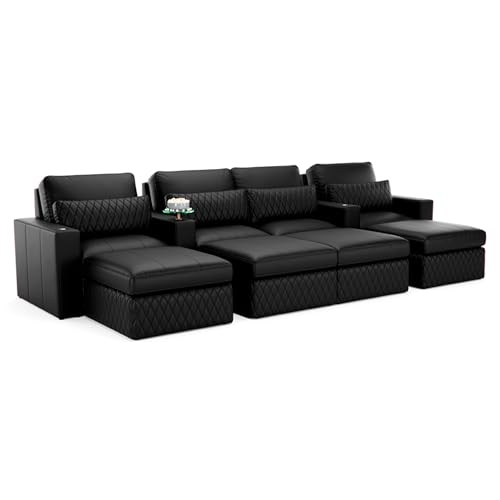 Seatcraft Diamante Stationary Row of 4 Middle Loveseat Sofa, Grade 7000 Leather, Living Room, Down Feather Lining, Strong Engineered Reinforced Wood Frame, Black