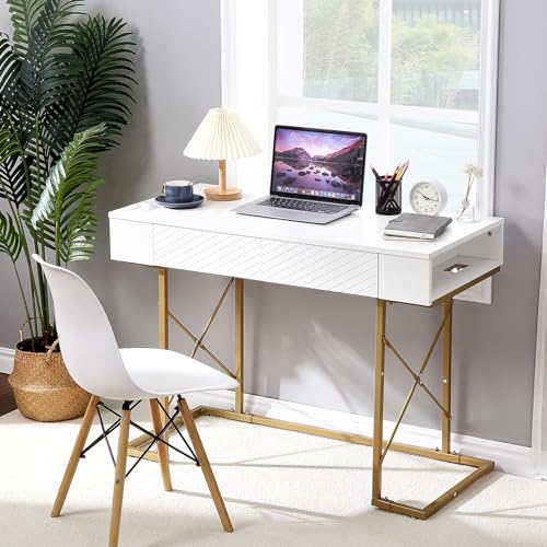 Computer Desk with Drawers, 42 Inch Home Office Desk with Power Outlets, Modern Writing Desk, Vanity Desk with Storage, Walnut & Gold