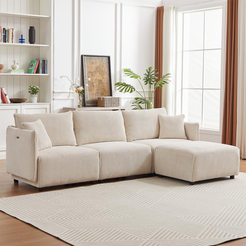Sectional Couches for Living Room, Convertible Sectional Sofa Couch L Shaped Couch with 2 Comfort Cushions & USB Ports, Comfy Sofa Couch in Corduroy, 4-Seat Small Couches for Bedroom, Apartment, Beige