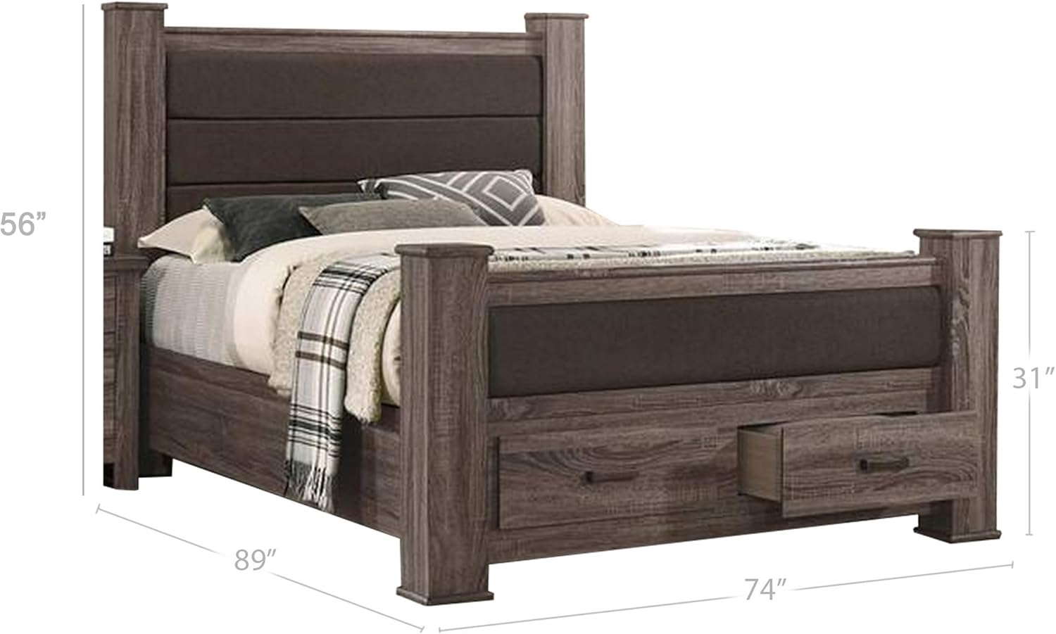 Benjara BM300199 Fort Wood Bed with 2 Drawers & Upholstered Panel Oak Gray - California King Size