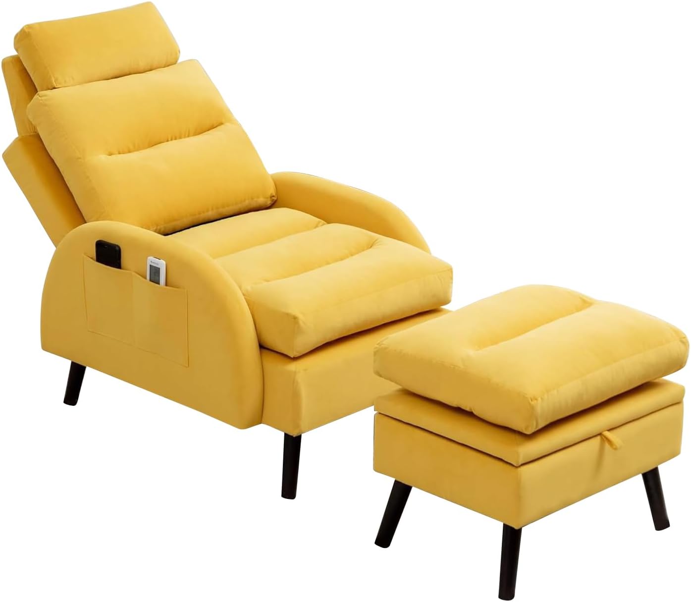 Accent Chair with Ottoman Set, Velvet Reclining Armchair with Adjustable Backrest, Comfy Loung Chair with Side Pocket for Living Room Bedroom Reading Room, Yellow