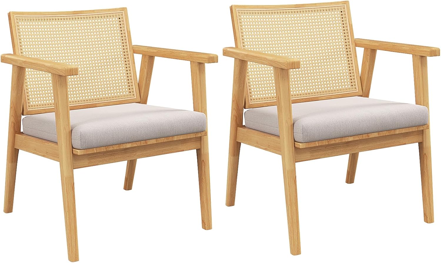 Rattan Upholstered Accent Chairs Set of 2, Mid-Century Modern Rattan Chair W/Armrest,Rattan Back Wooden Side Chairs, Fabric Comfy Accent Chair with Cane Back for Living Room,Bedroom