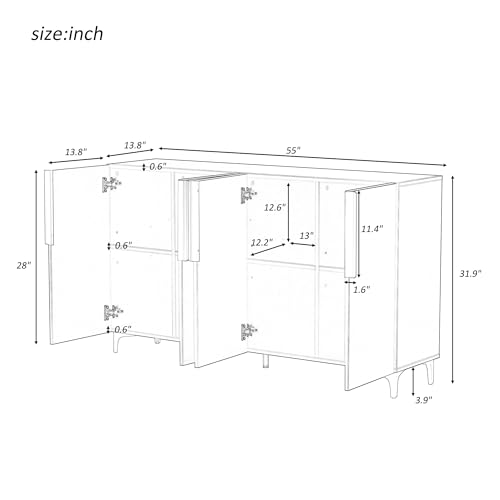 Merax Luxury Glossy Finish Storage Cabinet with Adjustable Shelves and Metal Handles & Legs, Four-Door Wooden Buffet Sideboard Console Table for Living, Dining Room, Ktichen, Hallway, 55