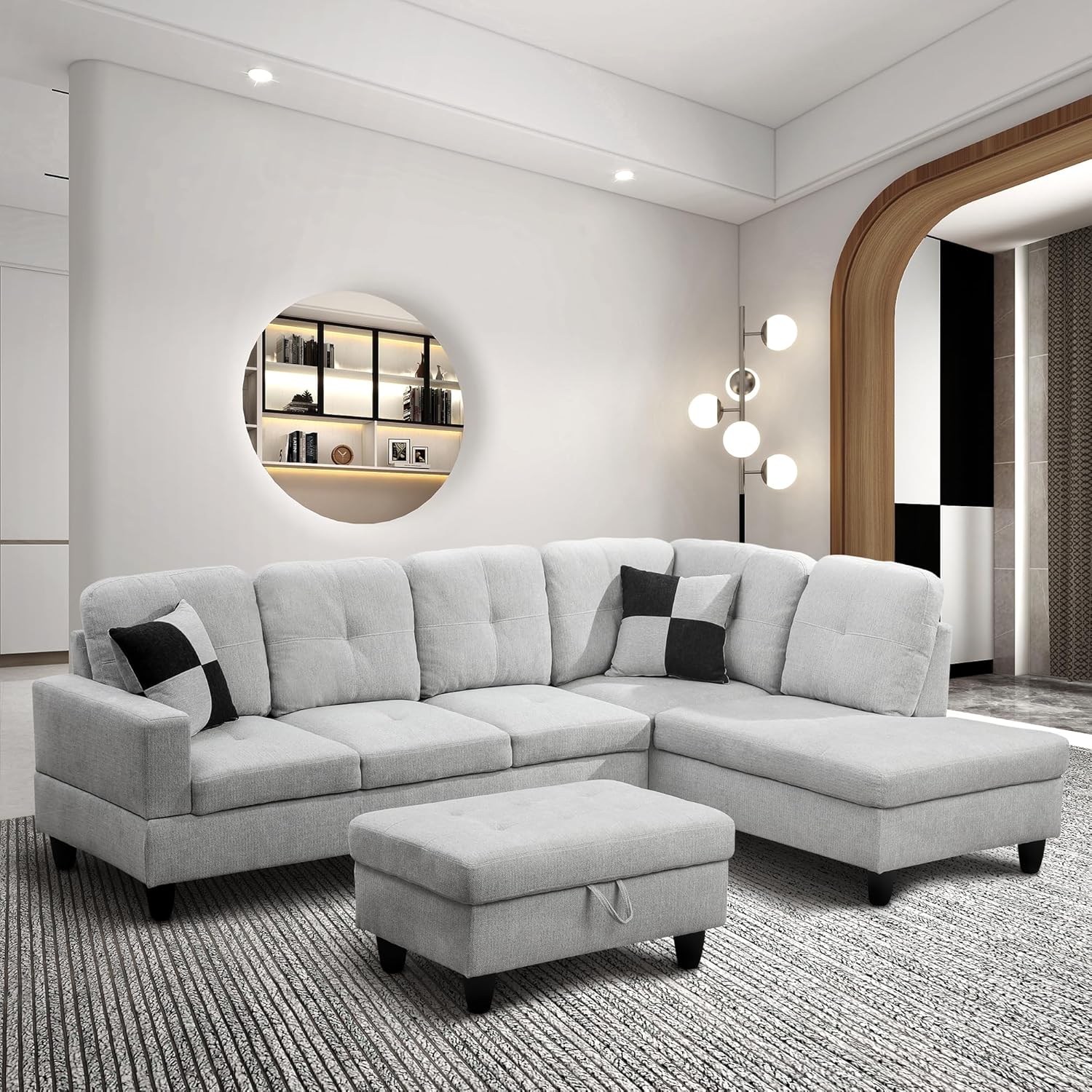 RITSU 3 Piece L Shaped Sectional Sofa Set with Storage Ottoman, Right Facing Chaise Longue, Reversible Backrest w/ 2 Cup Holders, Flannel Tufted Cushions, for Living Room, Off White, 103inch