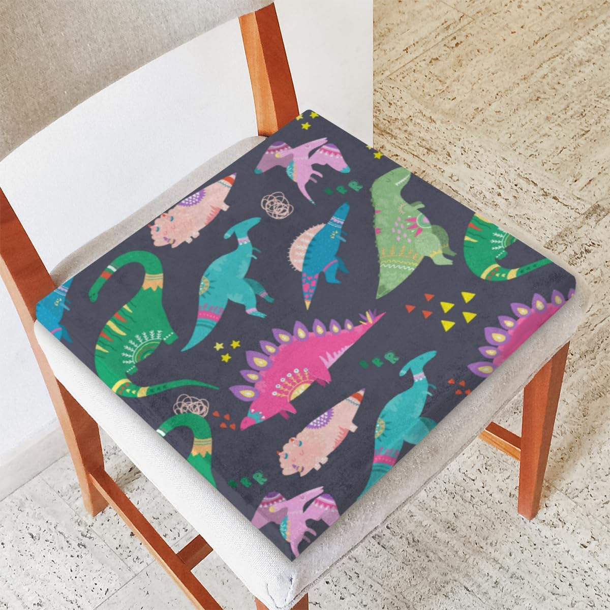 Colorful Cute Dinosaur Chair Cushion Soft Washable Foam Seat Cushion with Ties Square Chair Pad for Kitchen Dining Chairs Office Garden Patio Outdoor Indoor,16