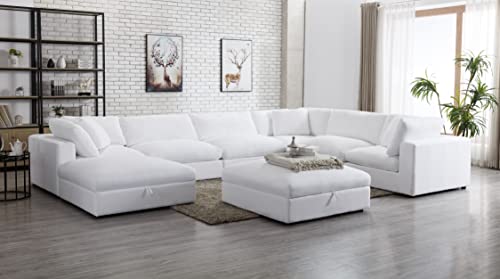 Roundhill Furniture Rivas Contemporary Feather Fill 8-Piece Modular Sectional Sofa with Two Ottomans, White