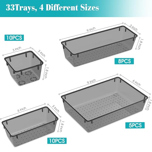 13 PCS Clear Plastic Drawer Organizers Set, 4 Size Desk Drawer Organizer Trays for Makeup, Jewelry, Kitchen Utensils, Gadgets and Office Accessories