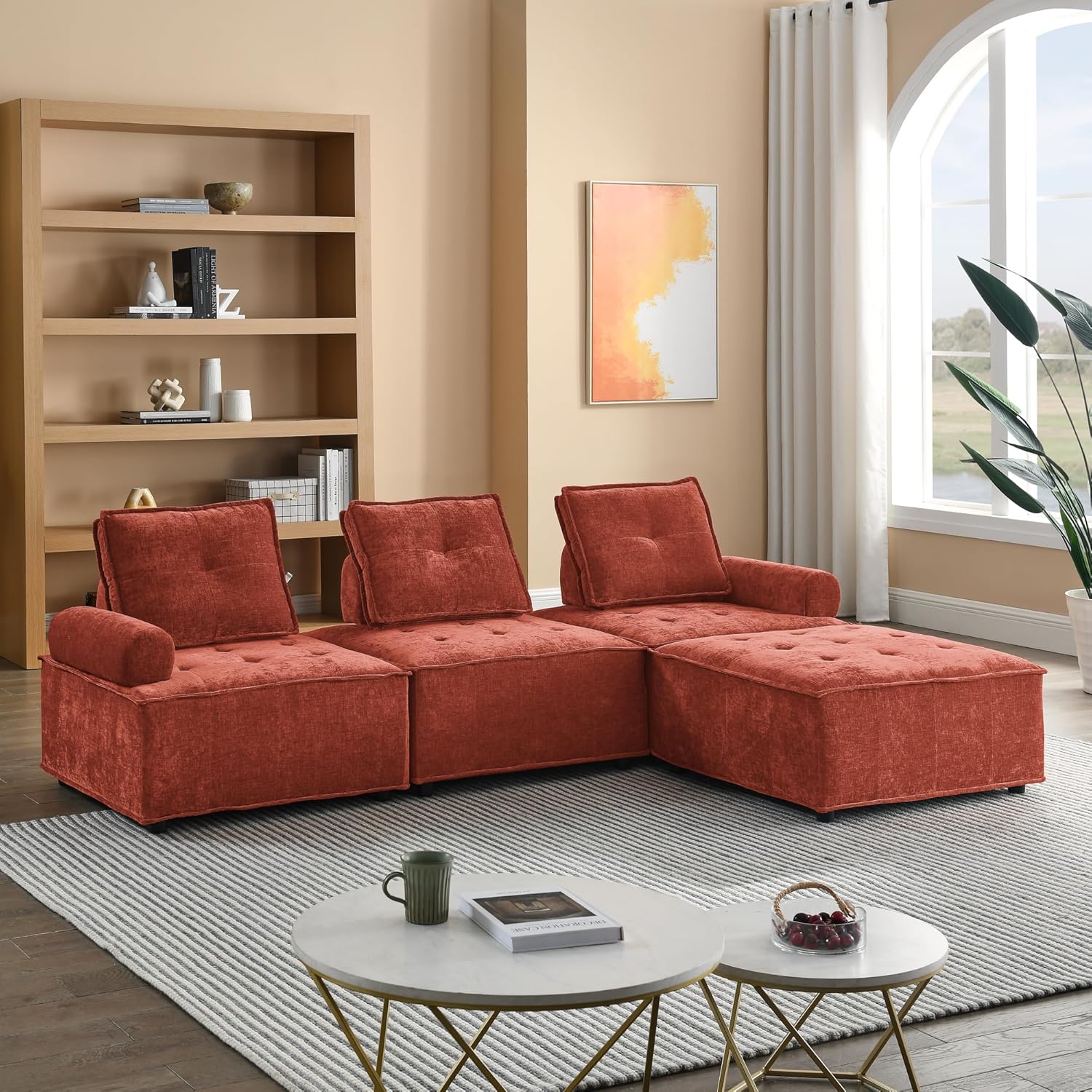 L-Shape Modular Sectional Sofa, DIY Combination, Chenille (Red)