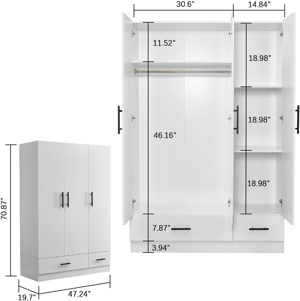 Armoire Wardrobe Closet: Bedroom Armoires with 2 drawers and Wardrobe Cabinet with 3 Doors Wardrobe Closet for Hanging Clothes White 47.24''W x 18.9''D x 70.9''H