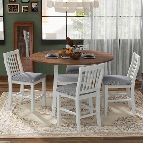 LZ LEISURE ZONE Dining Table Set, 5-Piece Counter Height Dining Table Set in 2 Table Sizes with 4 Folding Leaves and 4 Upholstered Chairs for Dining Room, Gray