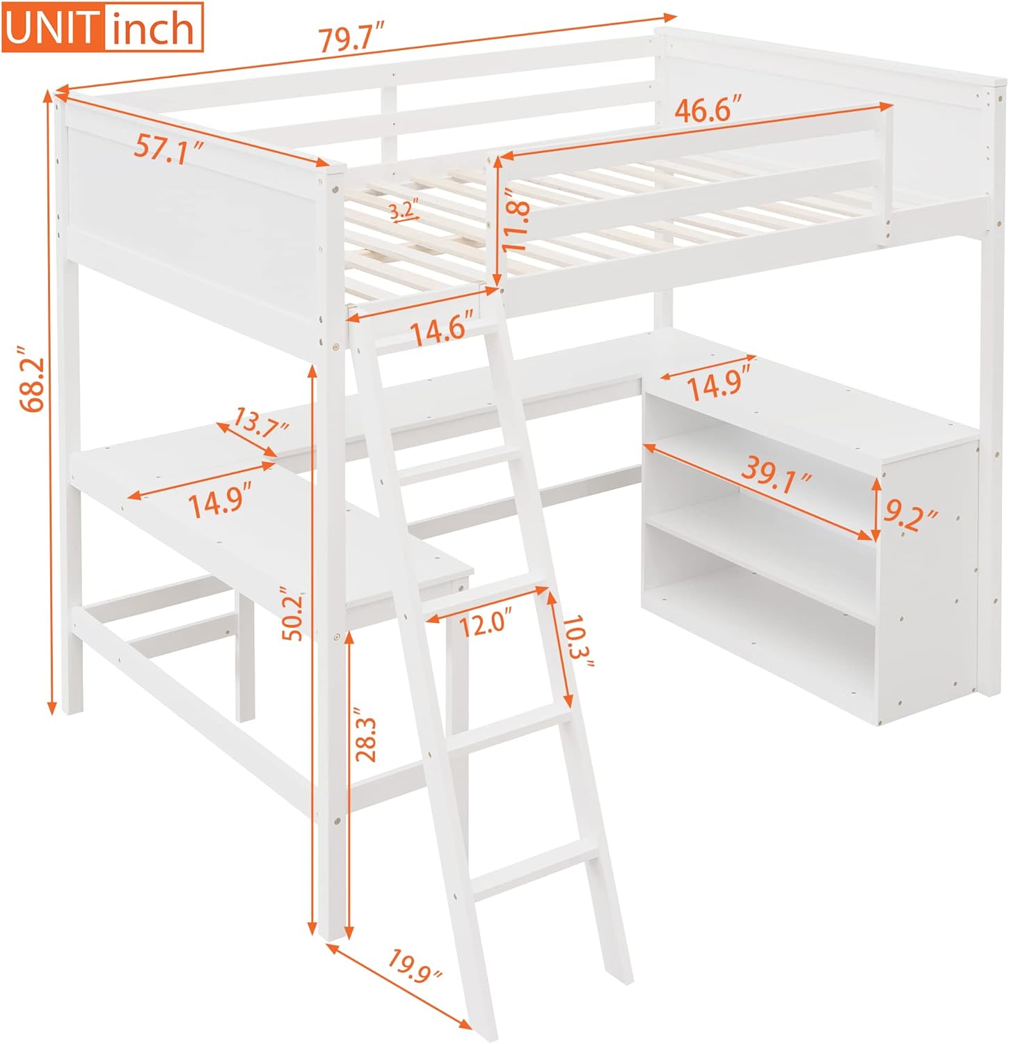 Full Size Loft Bed with Desk and Storage Cabinet, Wooden High LoftBed with Guardrails and Convertible Ladder, for Kids Teens Adults Bedroom, White