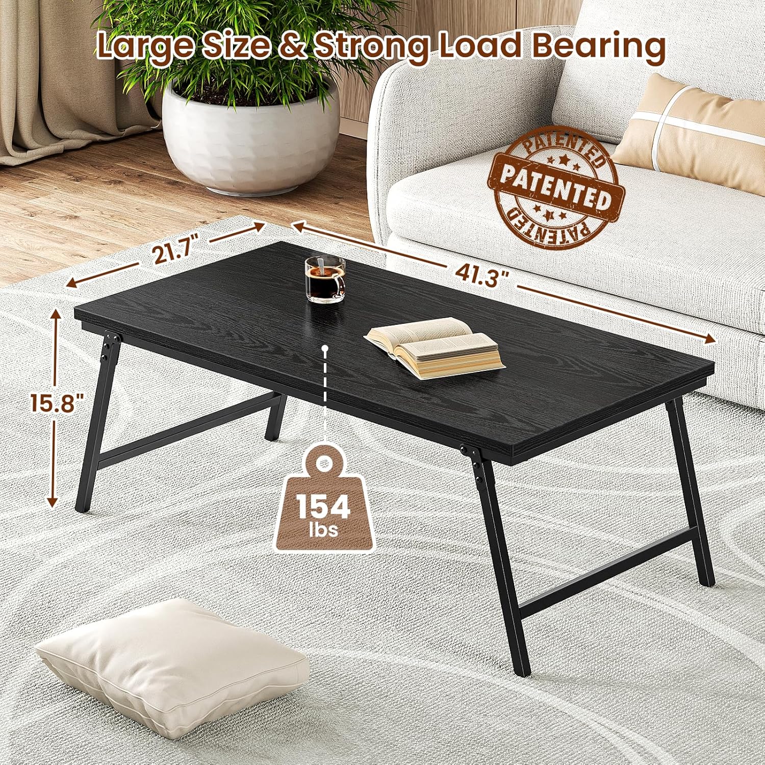 Folding Coffee Table, Farmhouse Coffee Table Leg Latches Portable Sturdy Foldable Coffee Table, No Assembly Floor Table for Living Room, Home, Office, 41.34L×21.65W×15.75H - Black