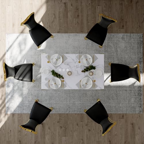 7 Piece Dining Table Set with Gorgeous Cabriole Legs for 6, White and Gold Dining Room Table Set with 63 inch Dining Table and 6 White Leather Dining Chairs