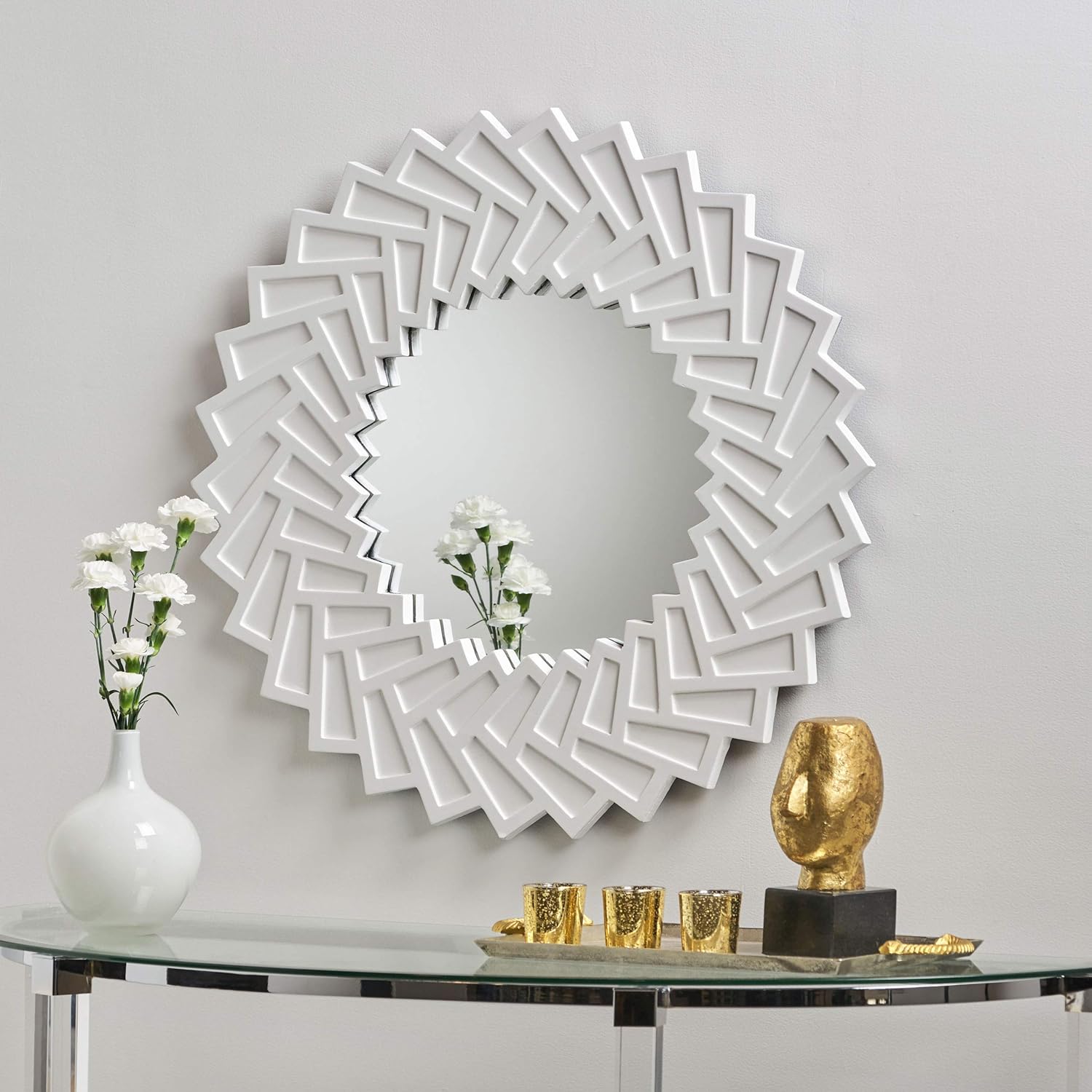 Great Deal Furniture Abington Decorative Modern Sun Mirror with Faux Wood Frame, White