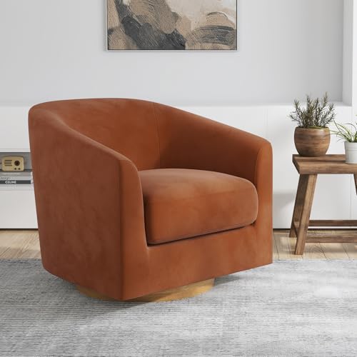 Swivel Accent Chair, Modern Upholstered Living Room Chair with Wooden Base & Arms, Fabric Swivel Barrel Curved Chair for Living Room, Bedroom, Guest Room, Ivory