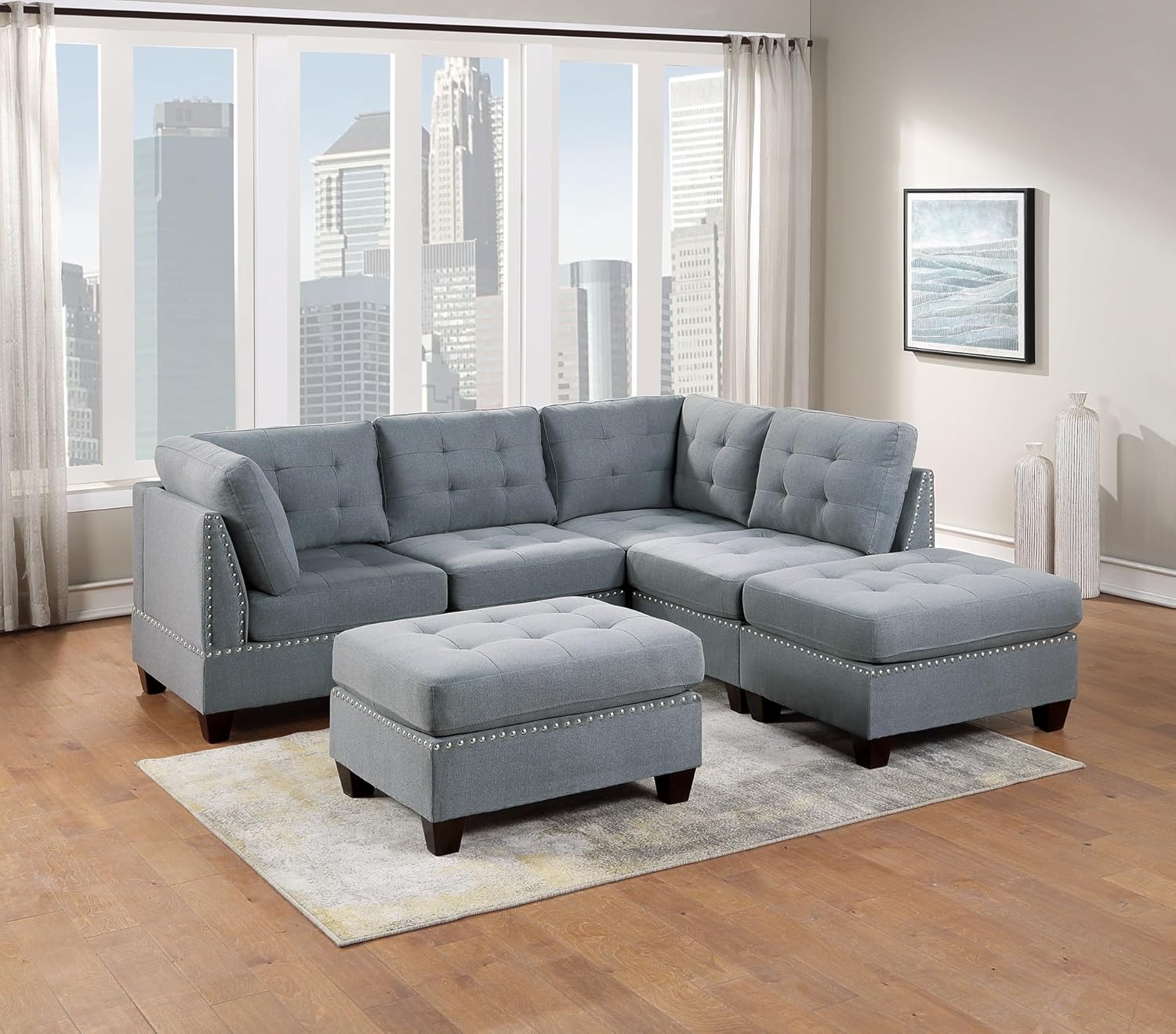 Modular Sectional 6pc Set Living Room Furniture L-Sectional Gray Linen Like Fabric Tufted Nail heads 2X Corner Wedge 2X Armless Chairs and 2X Ottomans